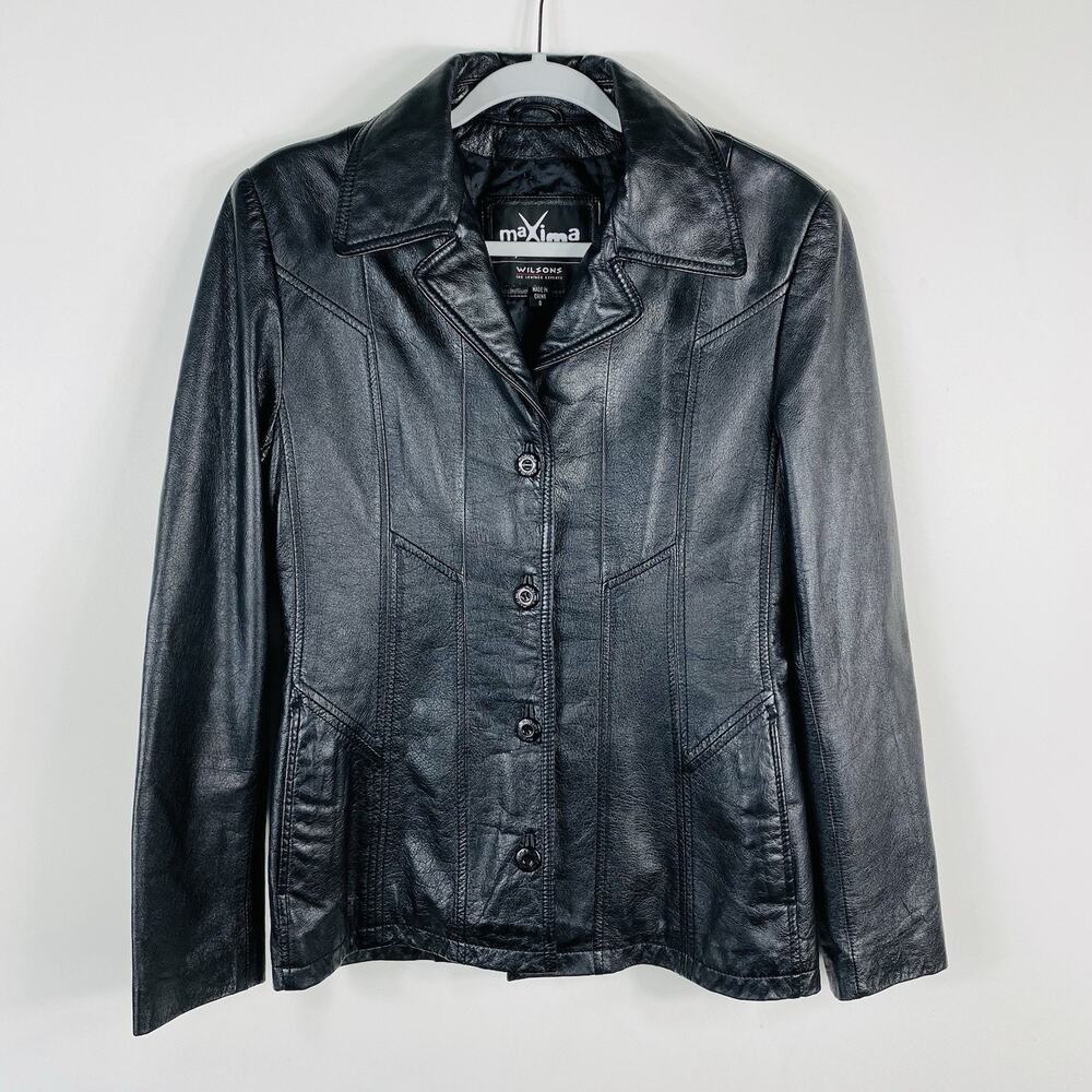 Wilsons Maxima Leather Jacket Women's Small Black Button Genuine Vintage 90s